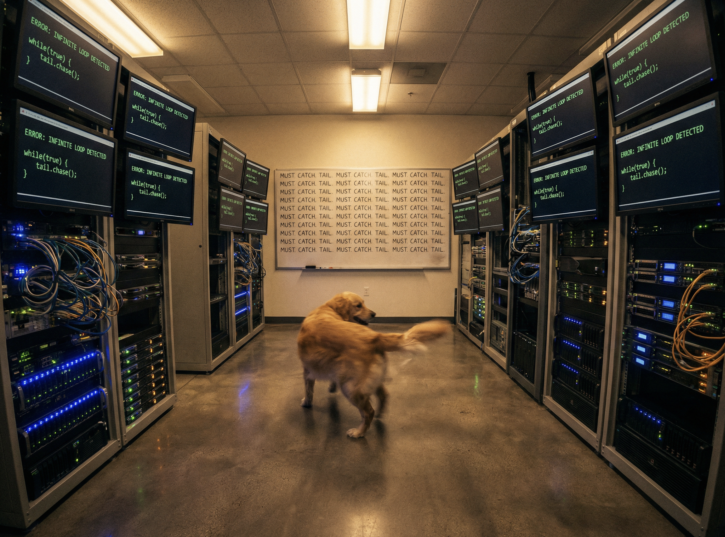 Dog chasing tail in server room