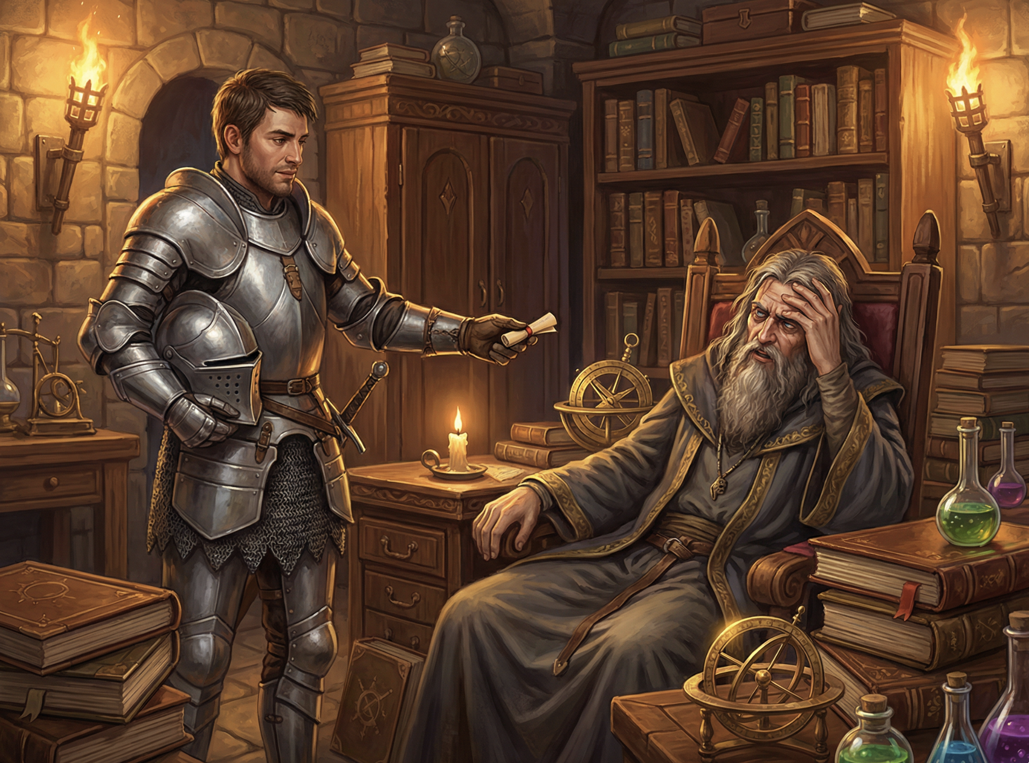 Knight handing tiny scroll to wizard