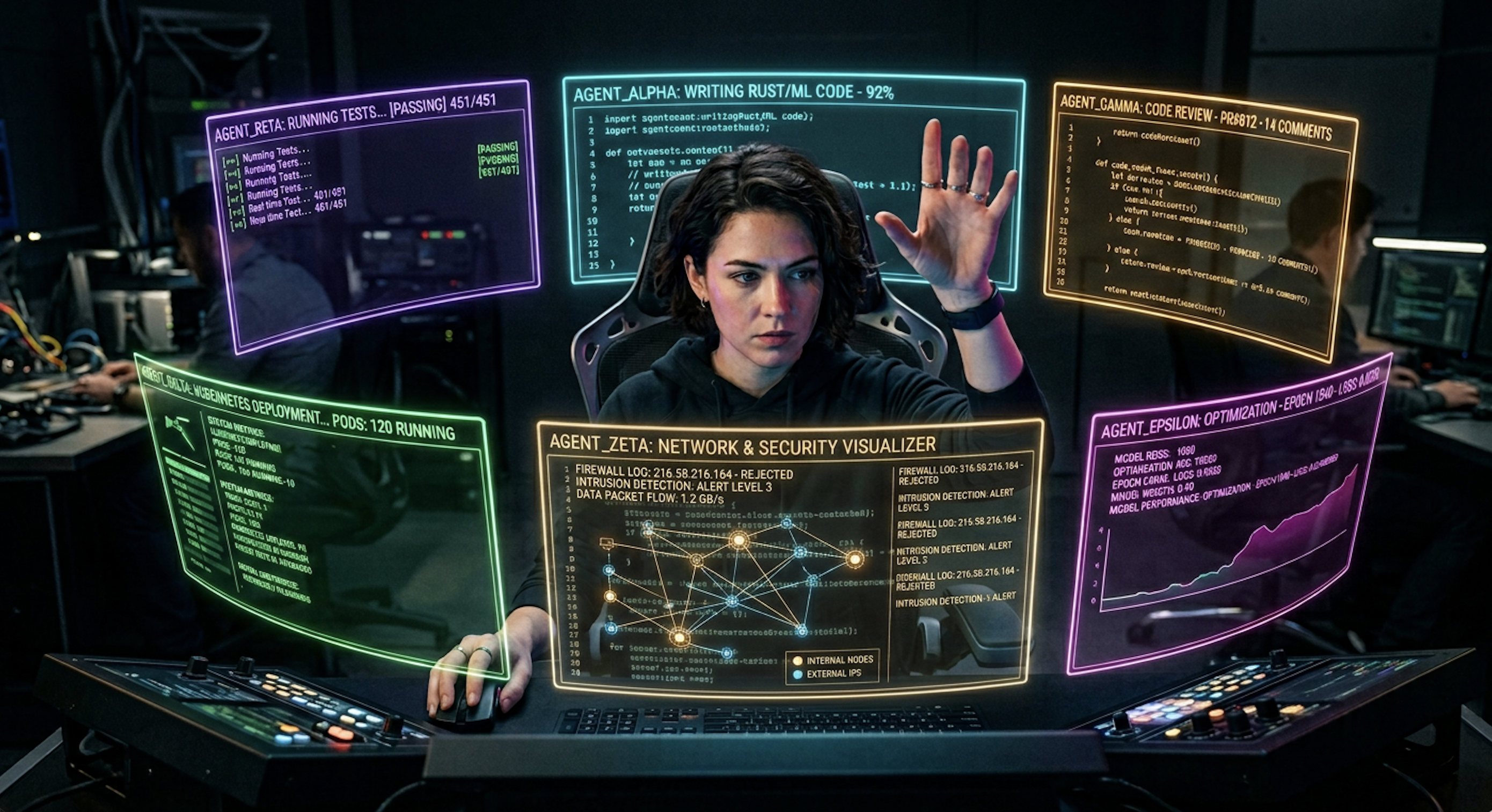 Developer orchestrating AI agents from a command center