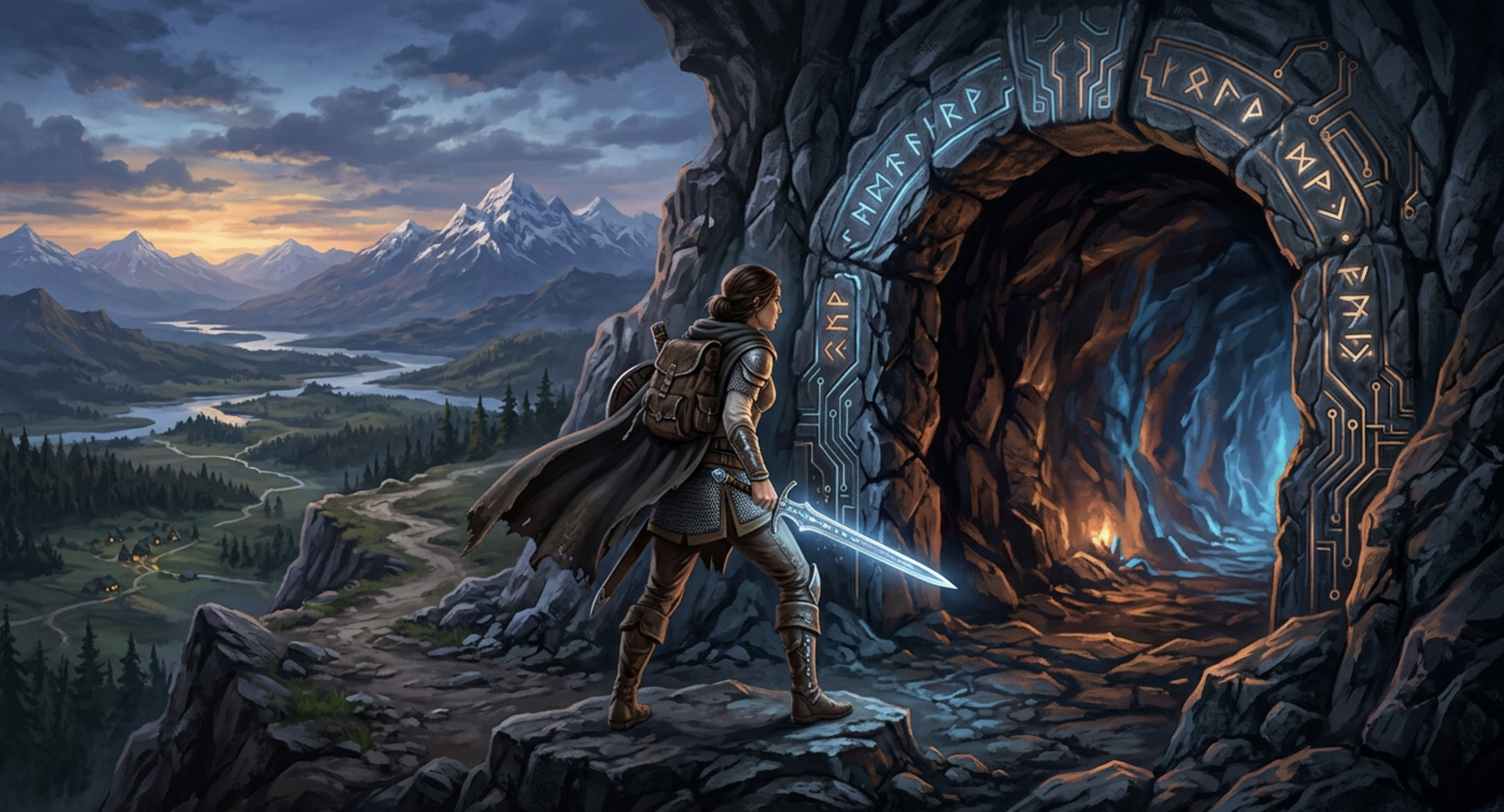 Lone adventurer at the entrance of a glowing cave