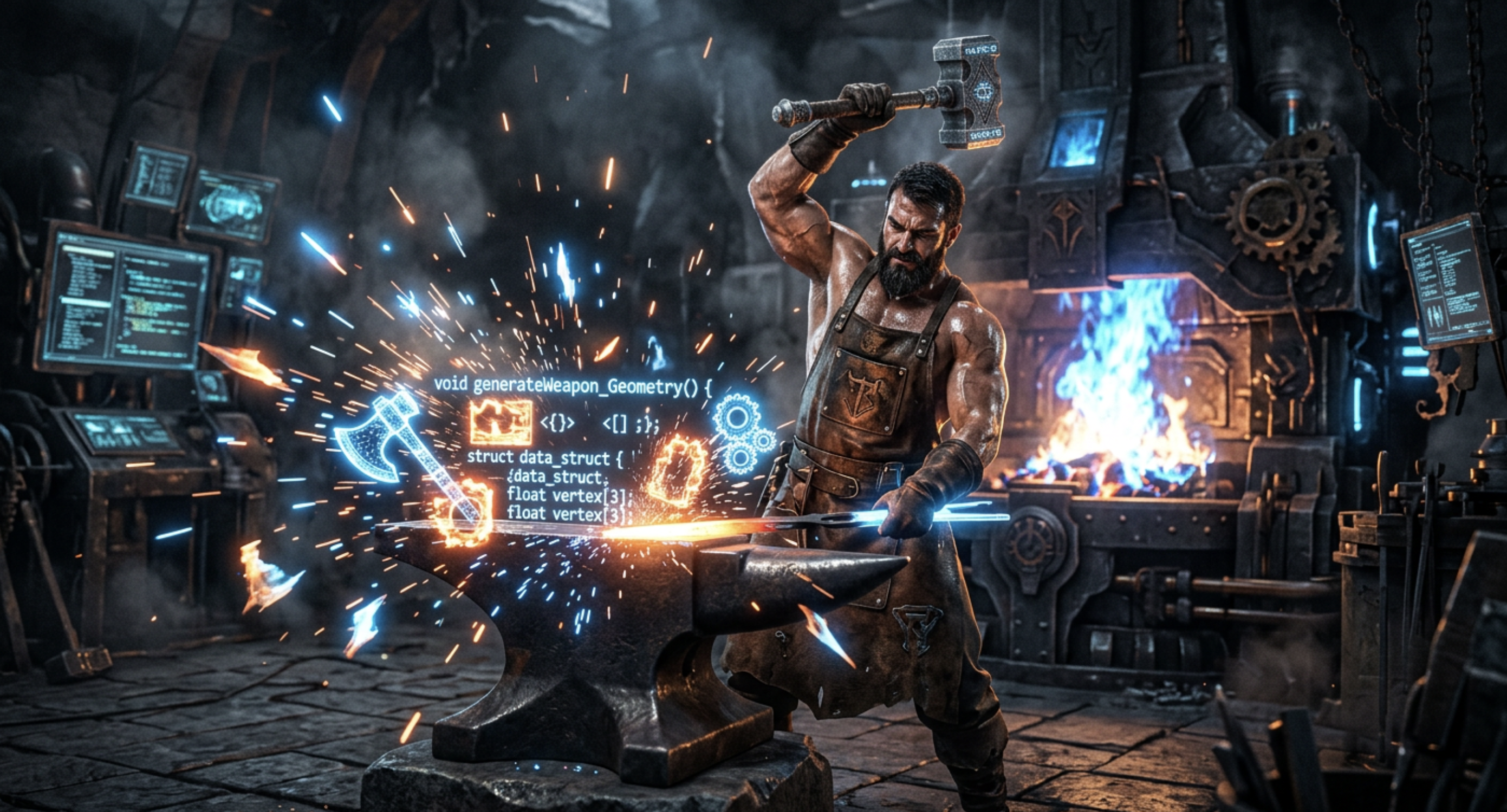 Blacksmith forging digital tools at a glowing forge