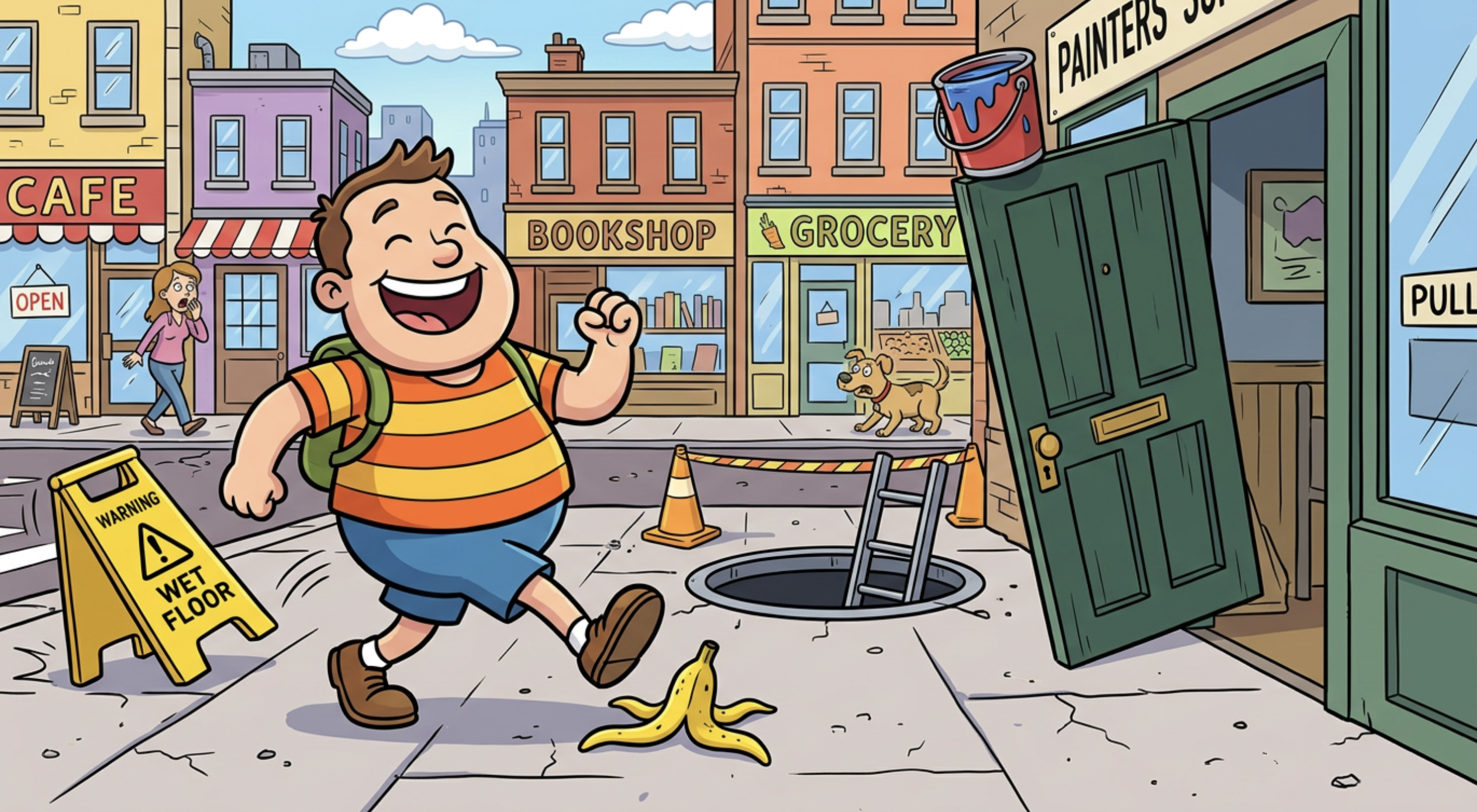 Cartoon character walking into a gauntlet of slapstick dangers