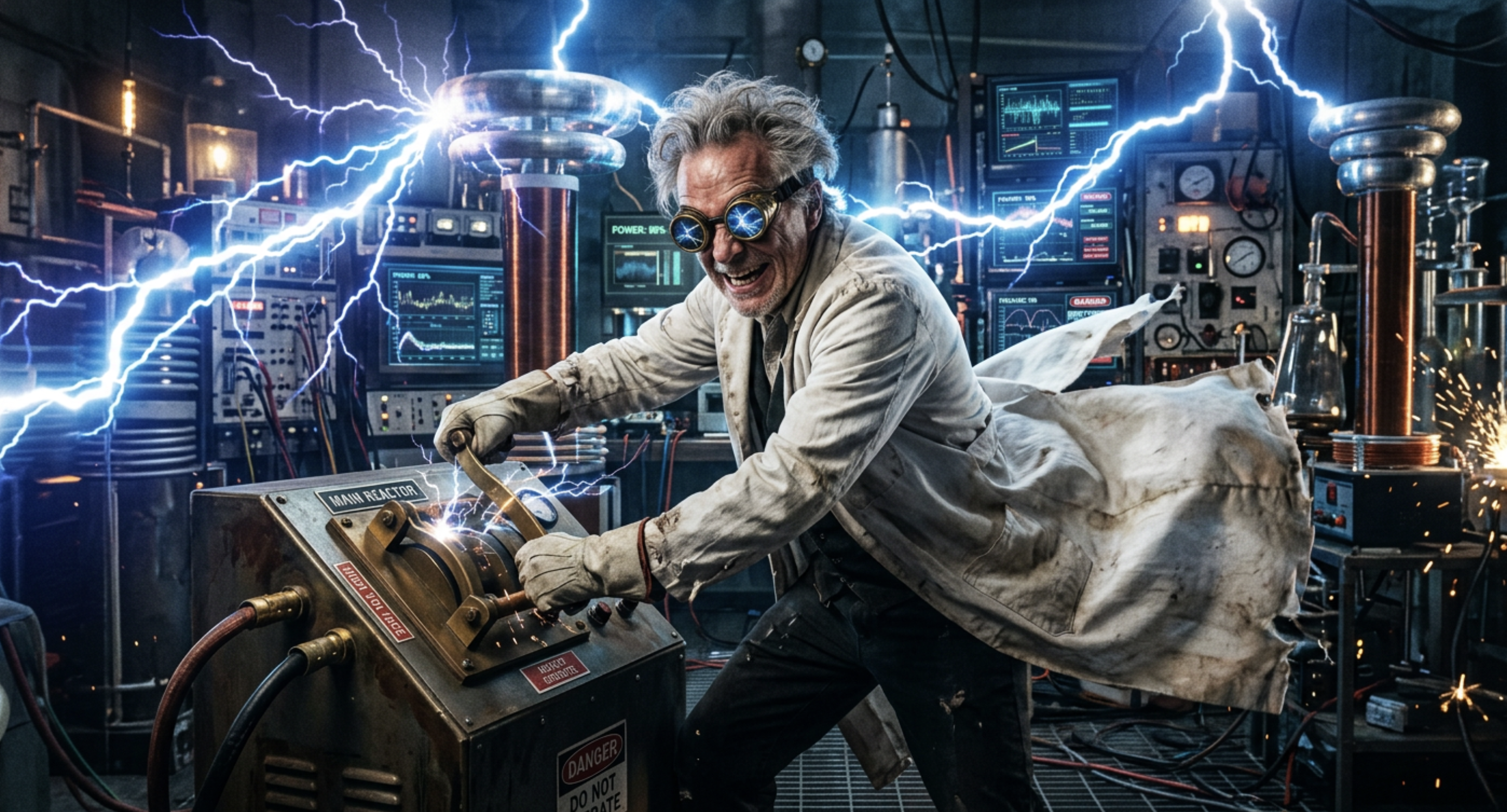 Mad scientist throwing the switch
