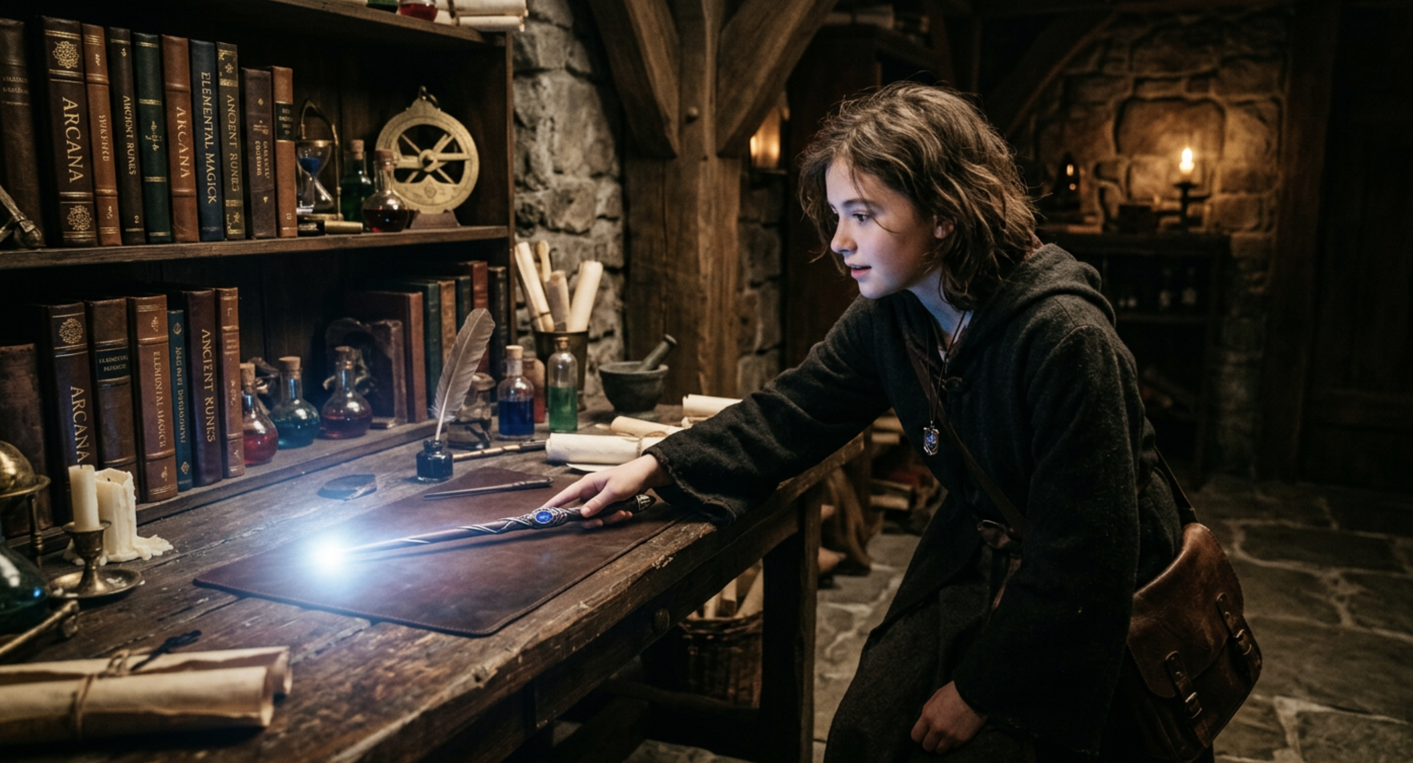 Wizard's apprentice picking up a glowing wand