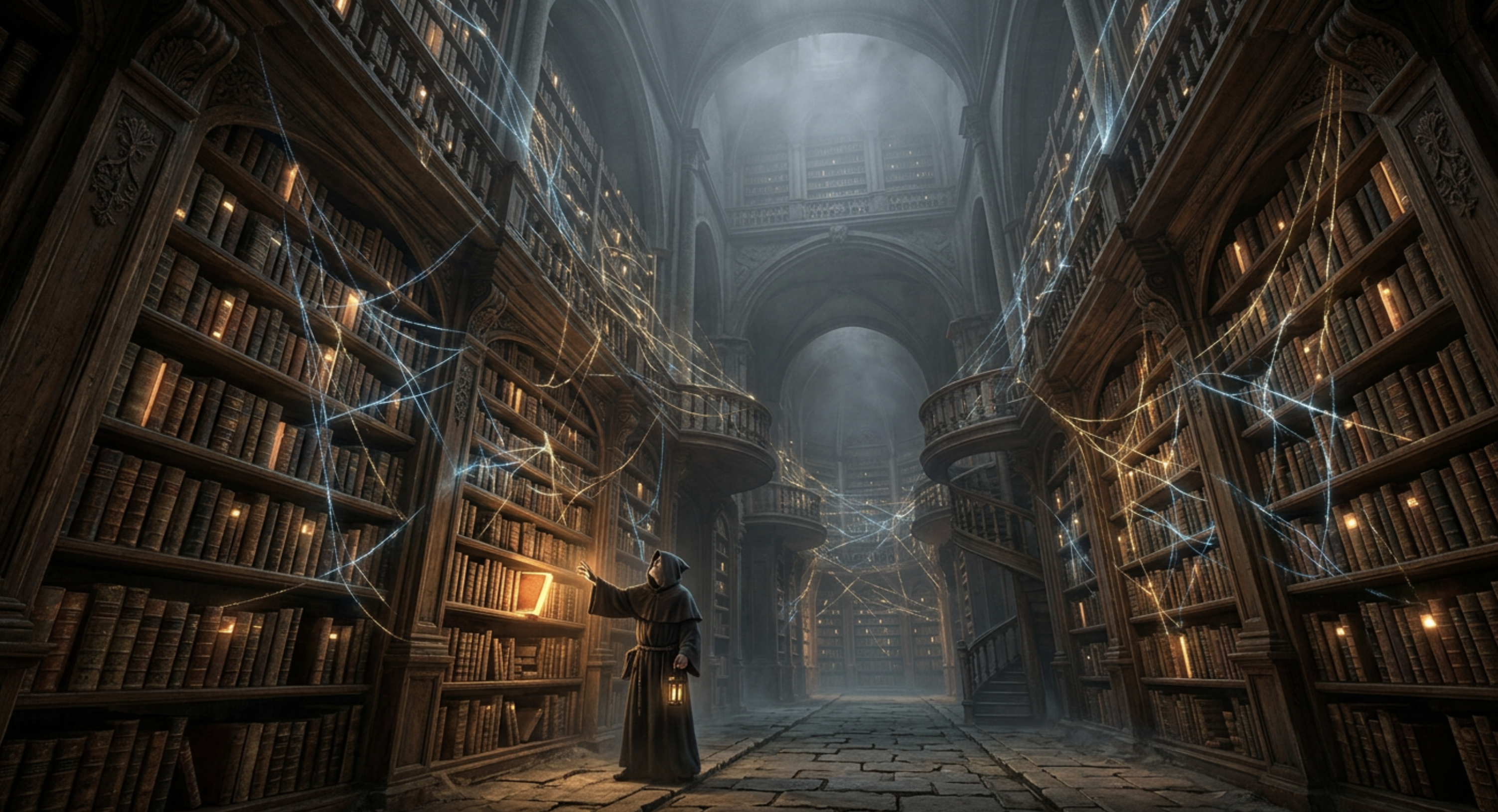 A glowing connected library
