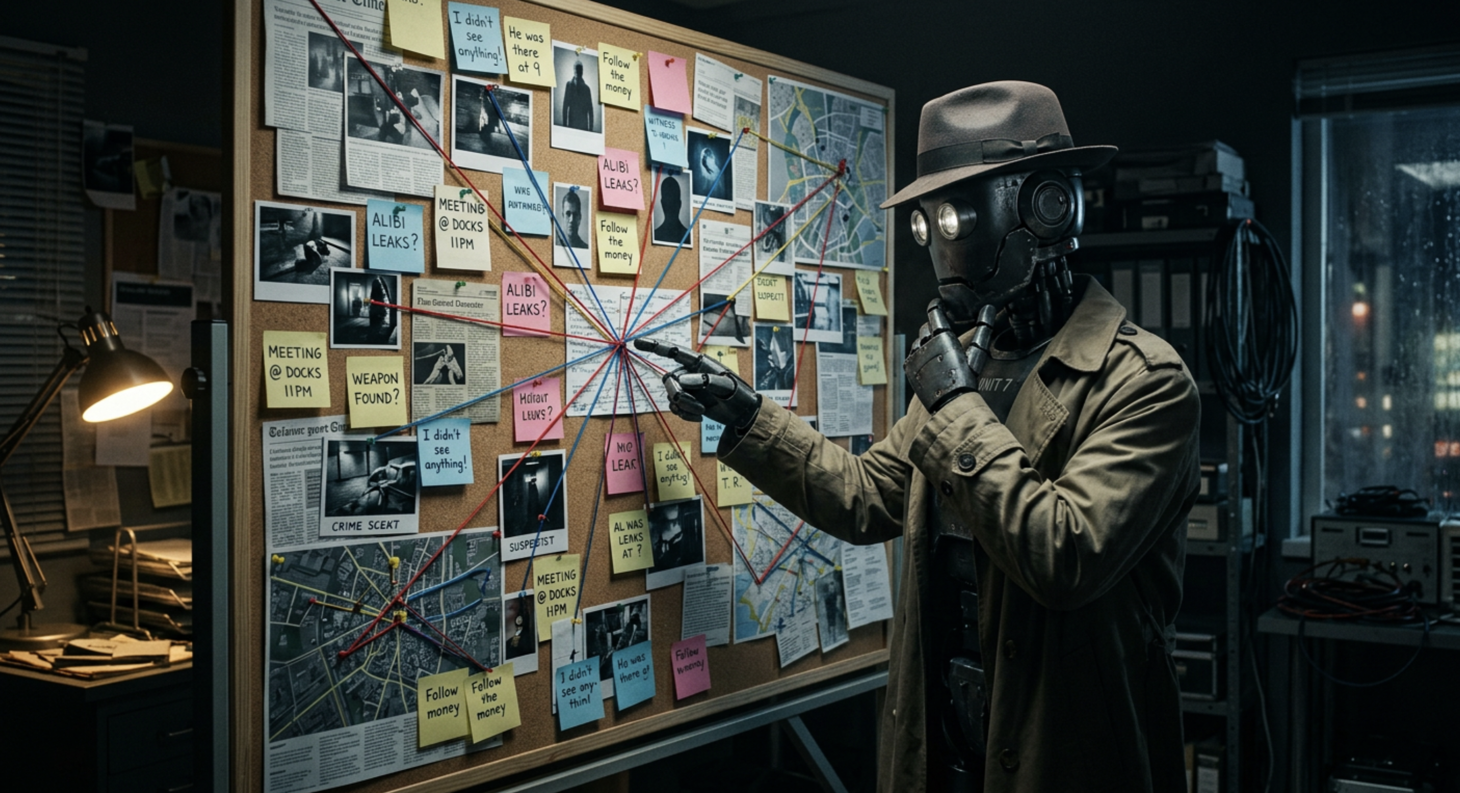 Evidence board with connected clues